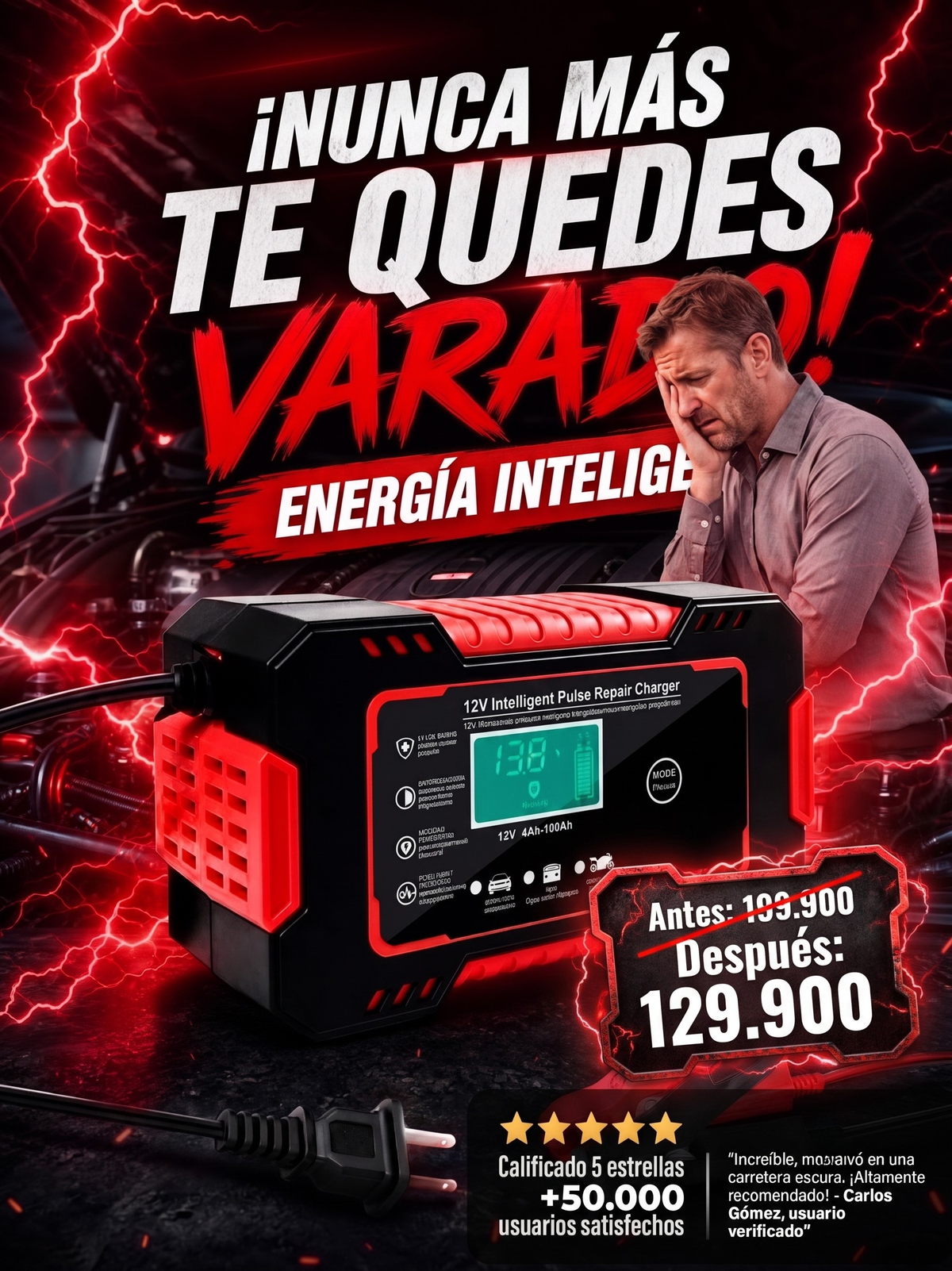 Cargador Bateria Carro Moto 12v Pantalla