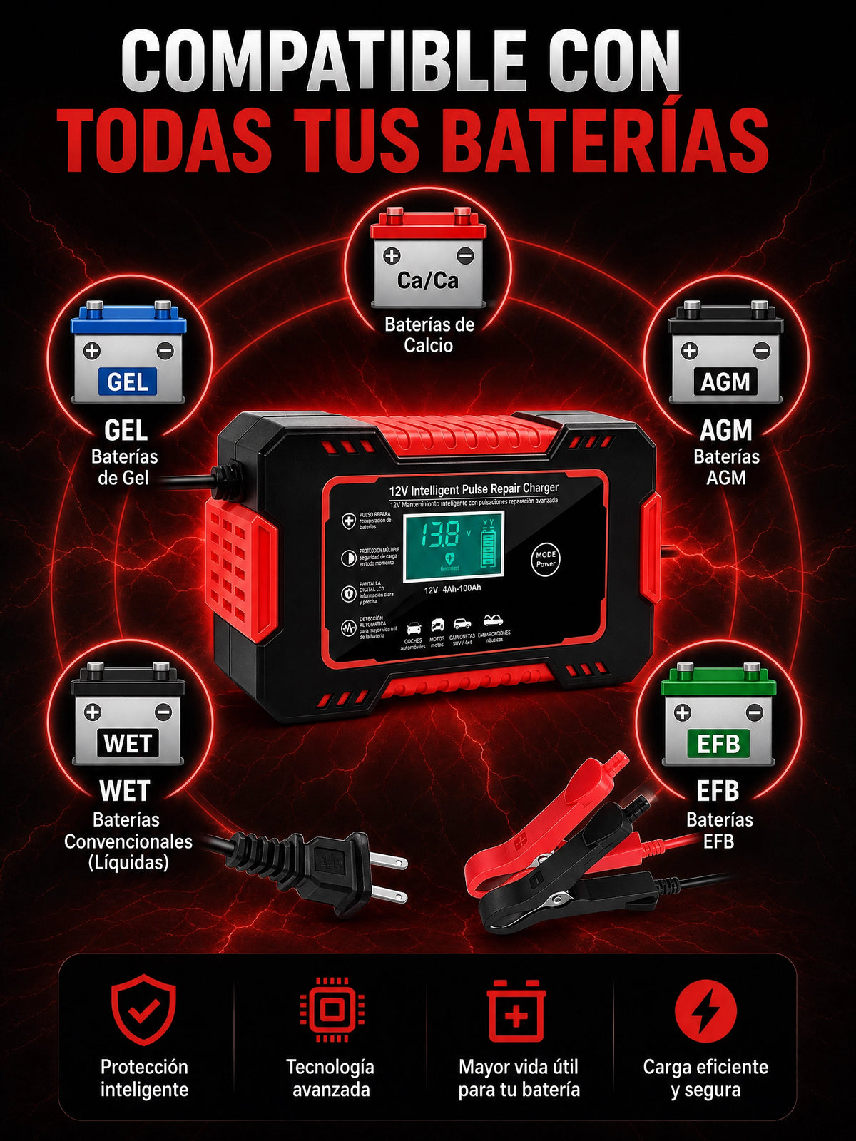 Cargador Bateria Carro Moto 12v Pantalla