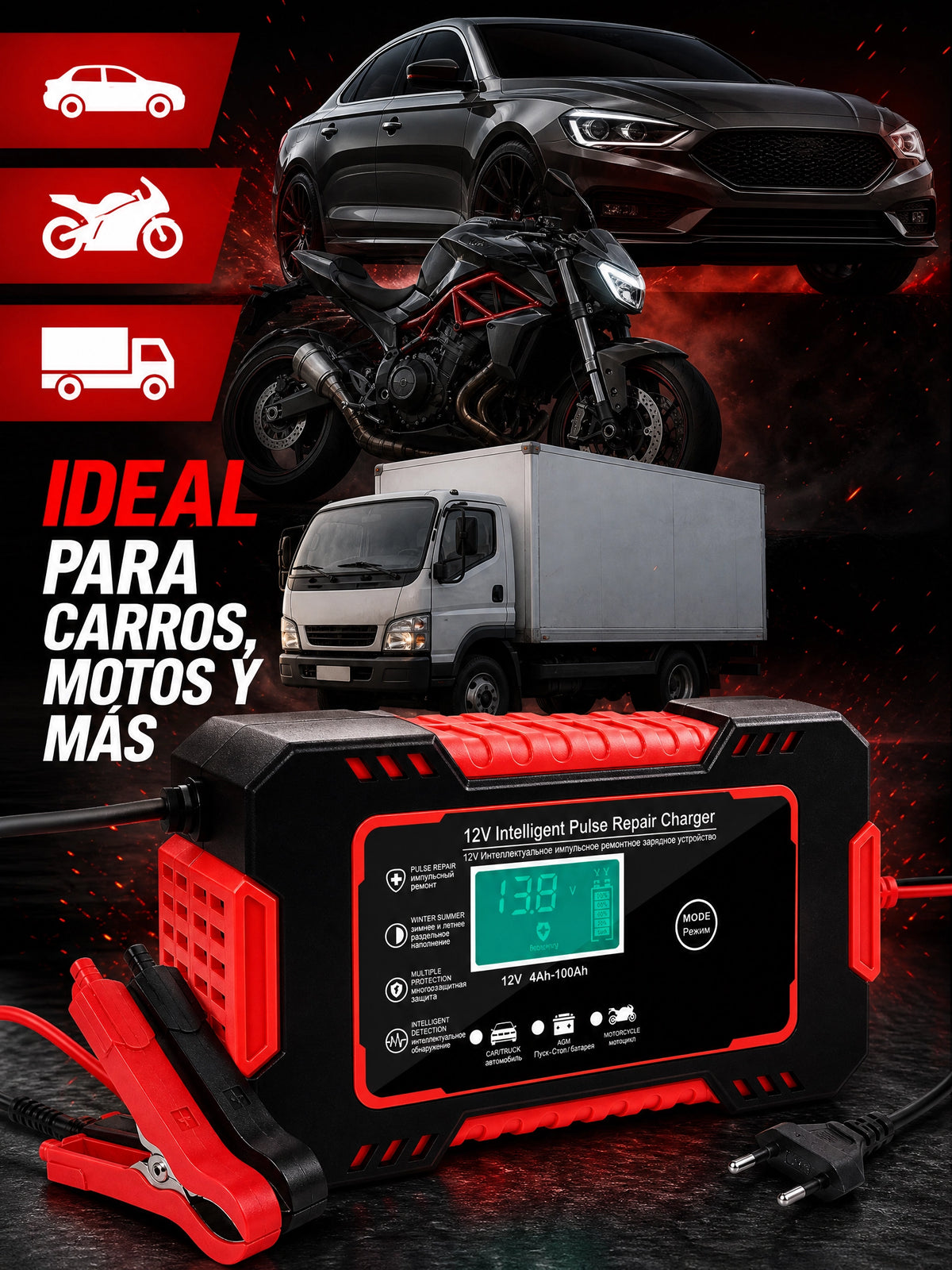Cargador Bateria Carro Moto 12v Pantalla
