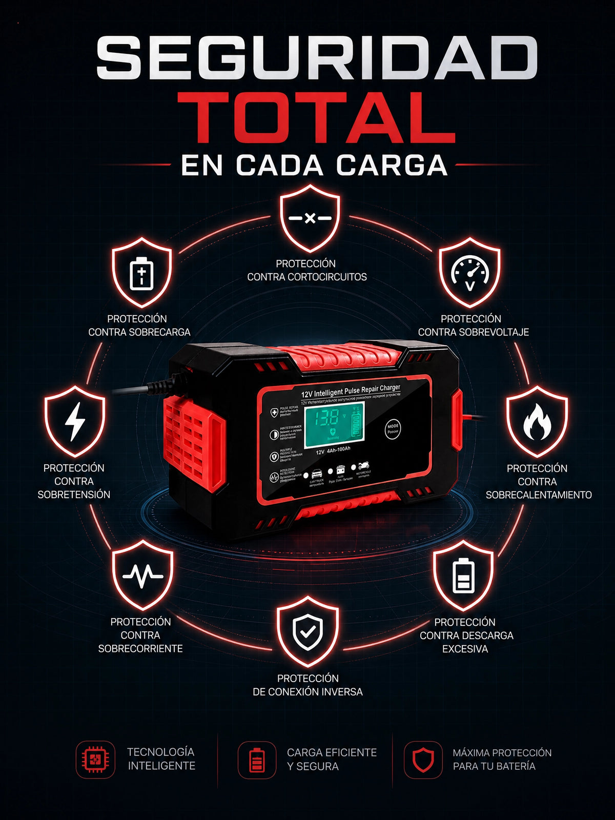 Cargador Bateria Carro Moto 12v Pantalla